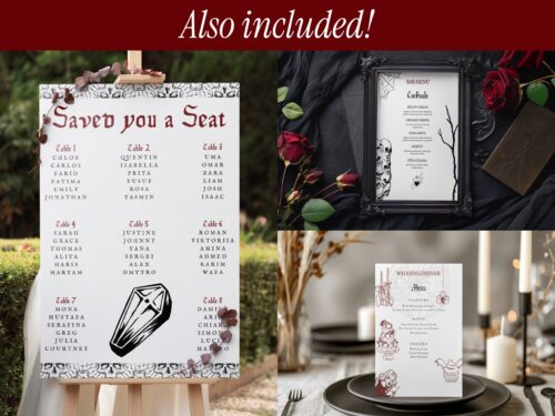 Gothic and Alternative Wedding Seating Chart, Dinner Menu, & Bar and Cocktails Signature Drinks Menu