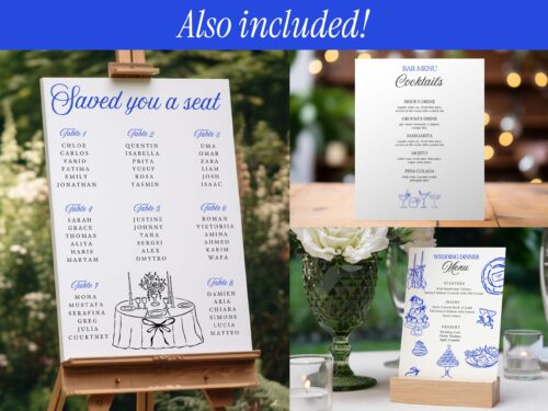 Hand Drawn Whimsical Wedding Seating Chart, Dinner Menu, & Bar and Cocktails Signature Drinks Menu