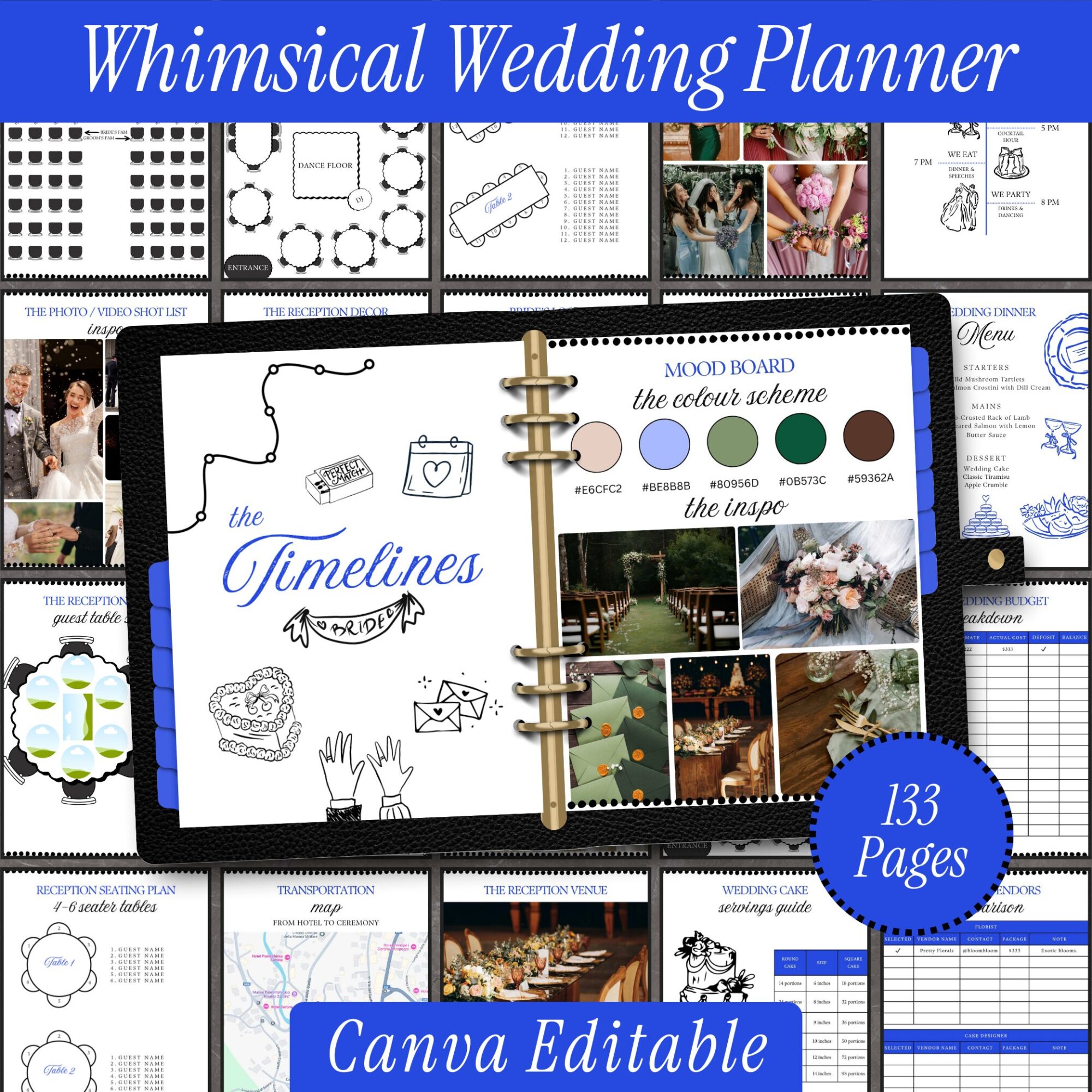Wedding Planner, Printable Planning Book and Budget Organizer, Hand-Drawn Whimsical Wedding Day Binder, Editable Canva Templates