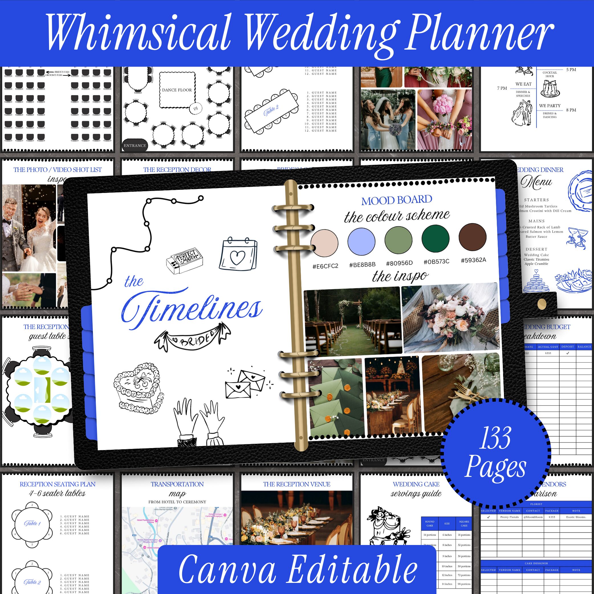 Wedding Planner, Printable Planning Book and Budget Organizer, Hand-Drawn Whimsical Wedding Day Binder, Editable Canva Templates
