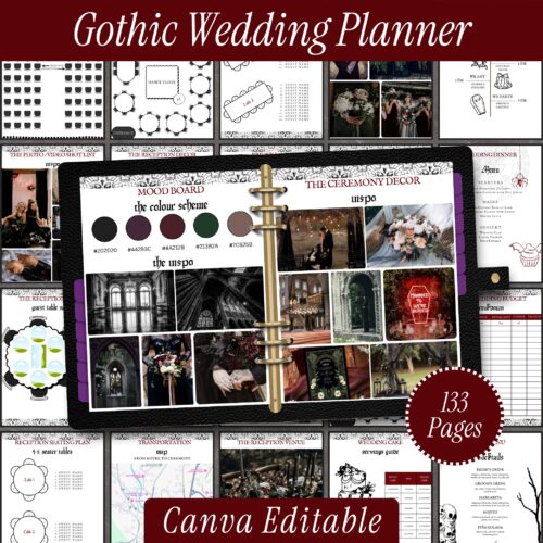 Wedding Planner, Printable Planning Book and Budget Organizer, Gothic & Alternative Wedding Day Binder, Editable Canva Templates
