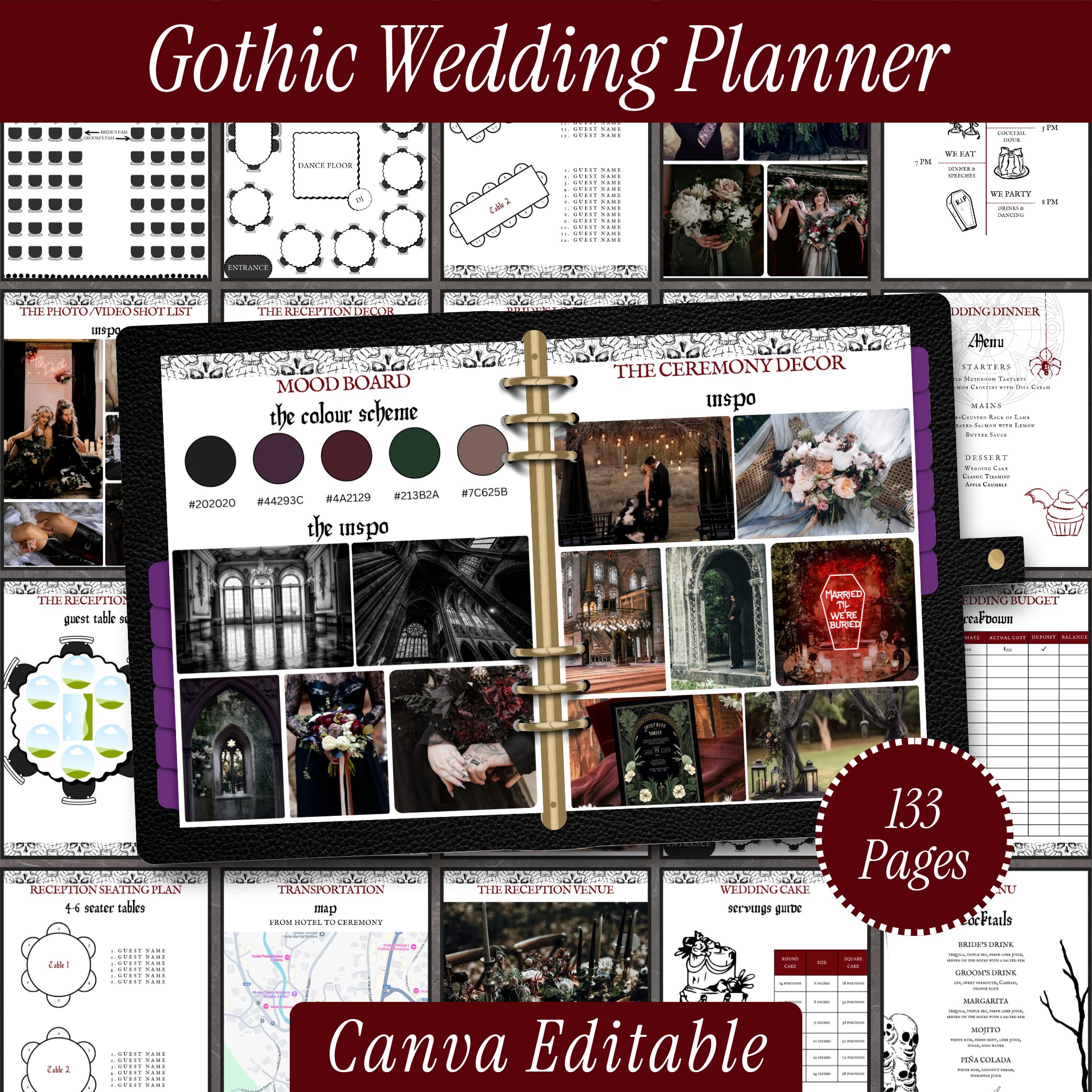 Wedding Planner, Printable Planning Book and Budget Organizer, Gothic & Alternative Wedding Day Binder, Editable Canva Templates