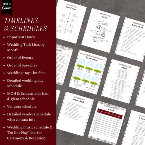 Gothic Wedding Planner, Canva Template, Wedding Timeline & Schedules