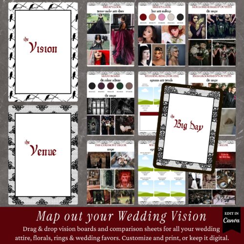 Gothic Wedding Planner, Canva Template, Wedding Colour Schemes & Moodboards