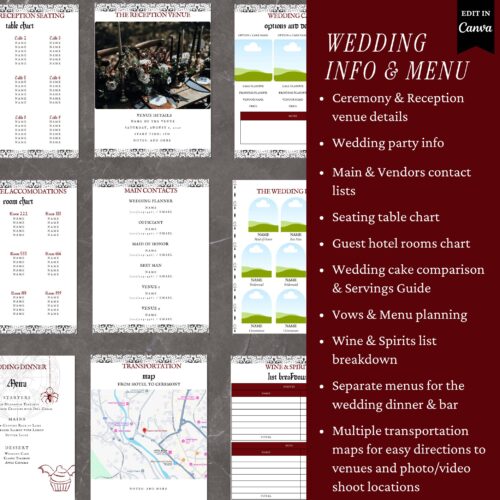 Gothic Wedding Planner, Canva Template, Wedding Menu & Wedding Details