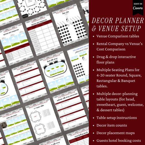 Wedding Decor Planner with Wedding Seating Charts, Aisle Planner, Wedding Decor, Wedding Ceremony & Reception Floor Plans, and more
